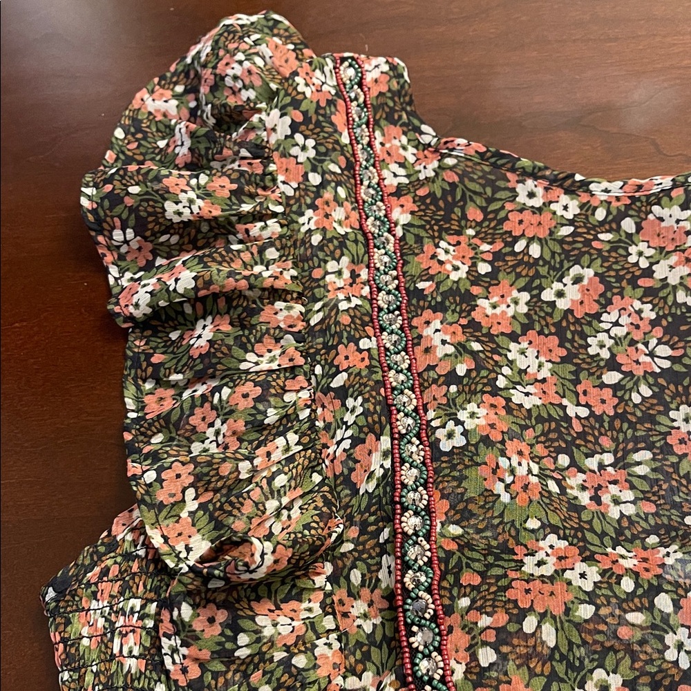 Zara Floral Ruffle Blouse in Green and Orange - Picture 5 of 6